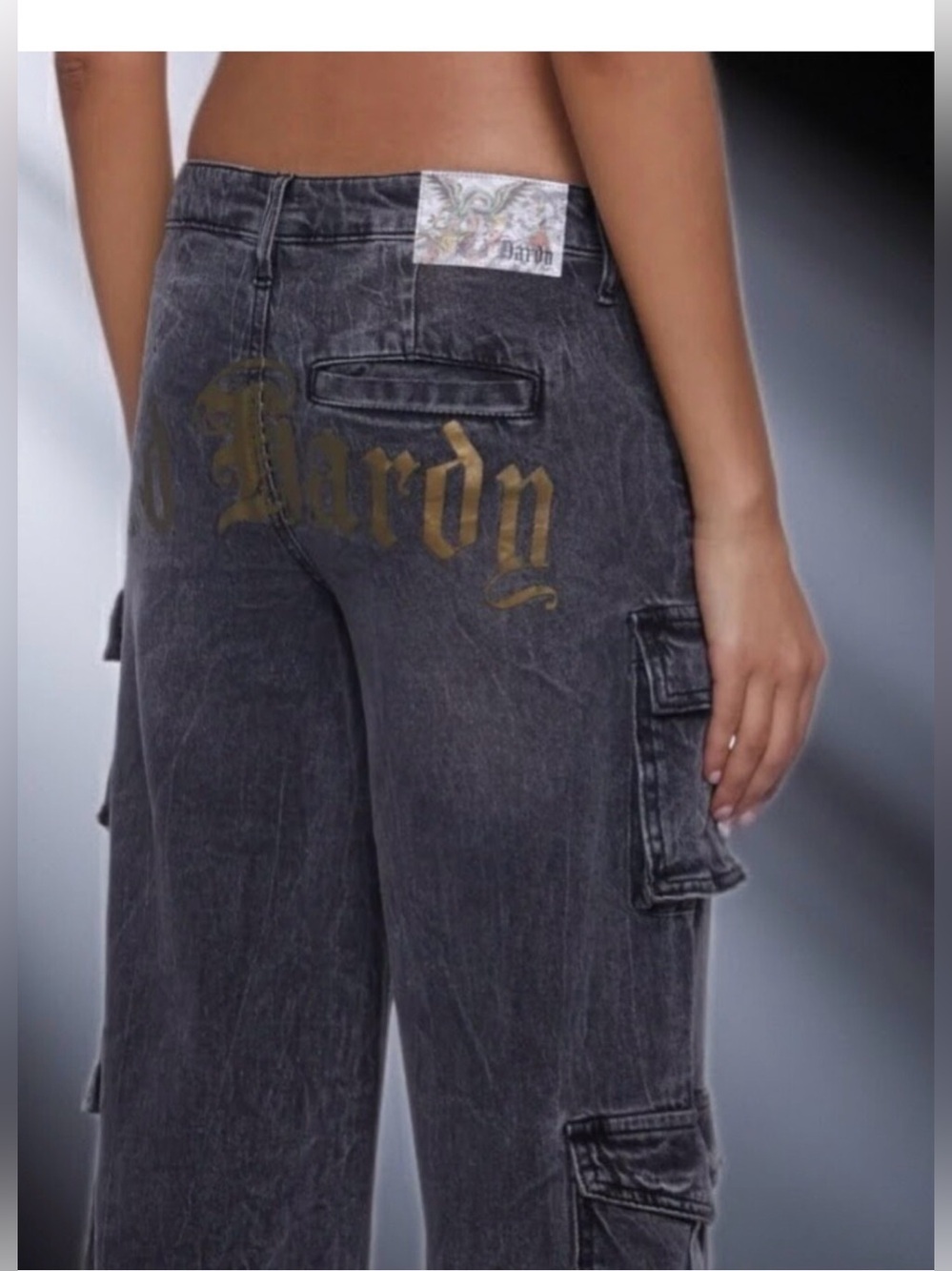 Ed Hardy Washed Black Wide Leg Cargo Flare Jeans with Embroidered Hem